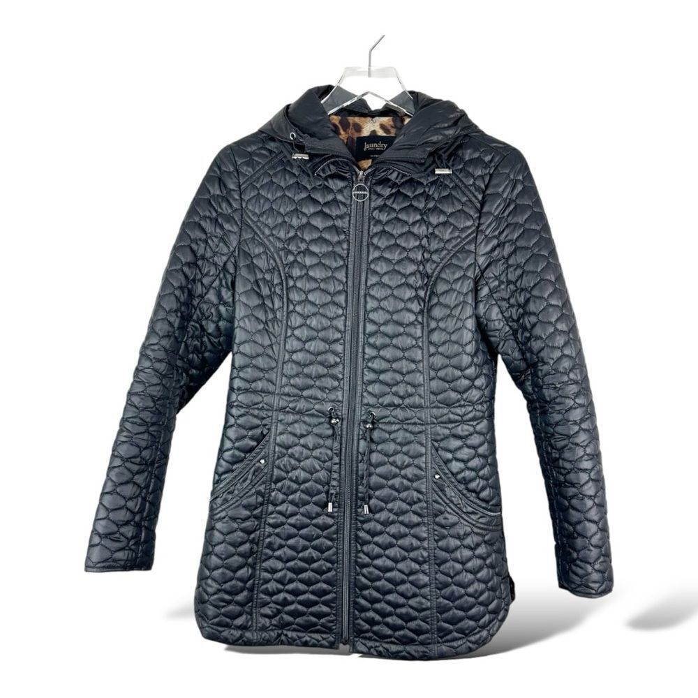Laundry by Shelli Segal Black Quilted Coat Jacket w/Hood Flattering Fit‎ Small
